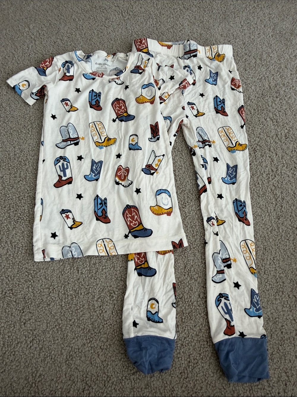 Angel Dear  White Cowboy Boot Print Pajama Set - Short Sleeve Top & Footed Pants